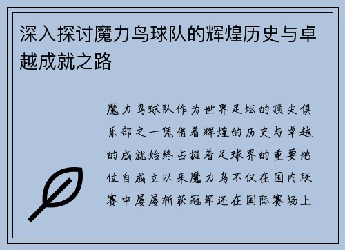 深入探讨魔力鸟球队的辉煌历史与卓越成就之路